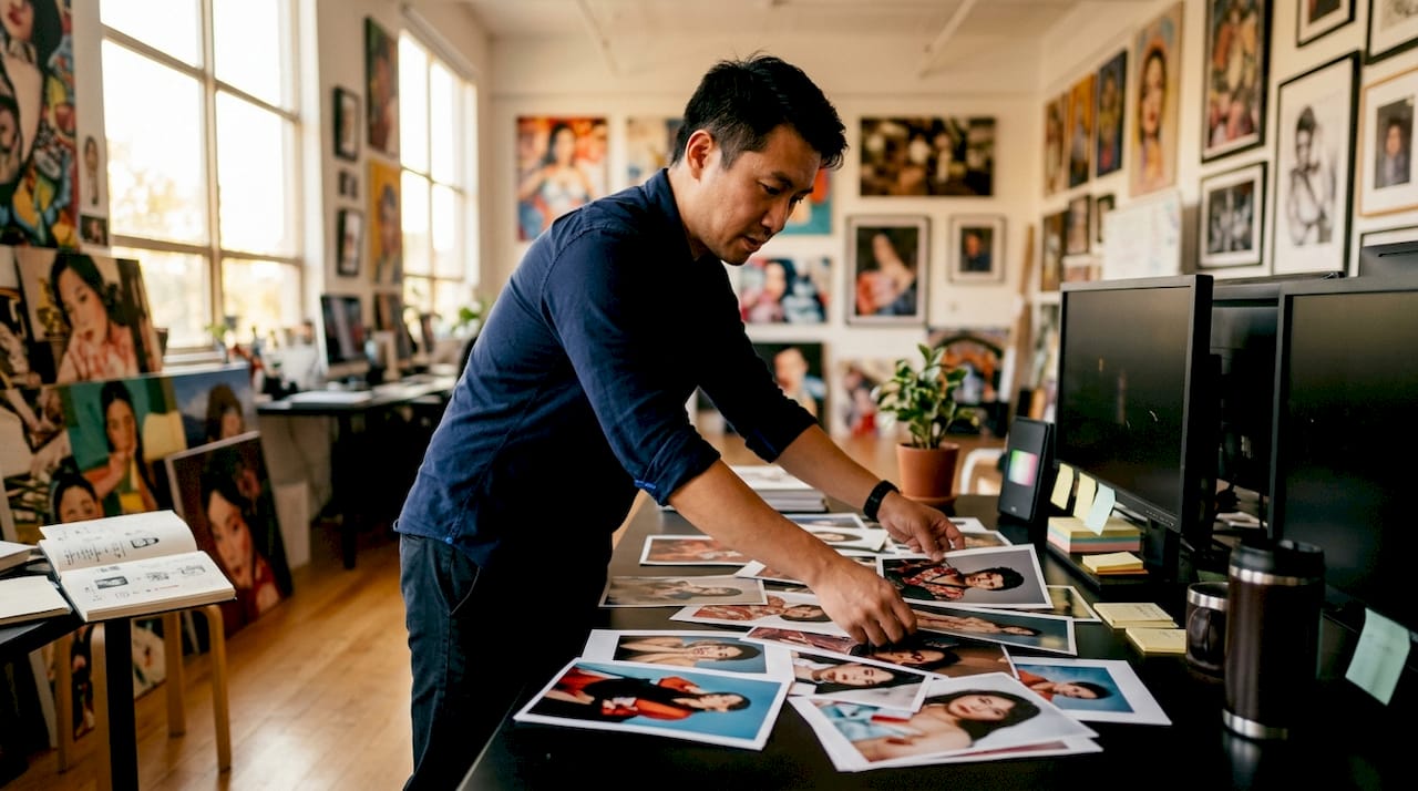 Curator arranging printed Asian gallery photos on table
