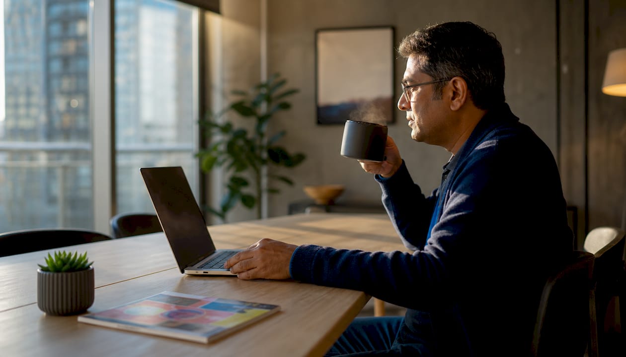 Man viewing branching interactive video on laptop