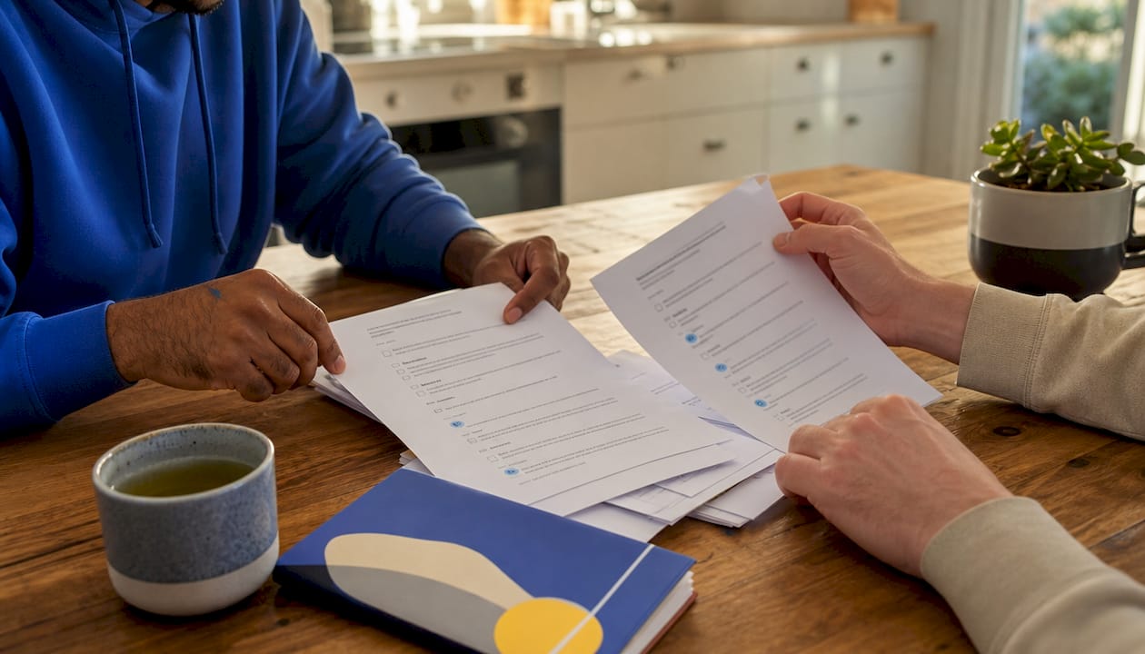 Hands reviewing Twitter verification requirement documents