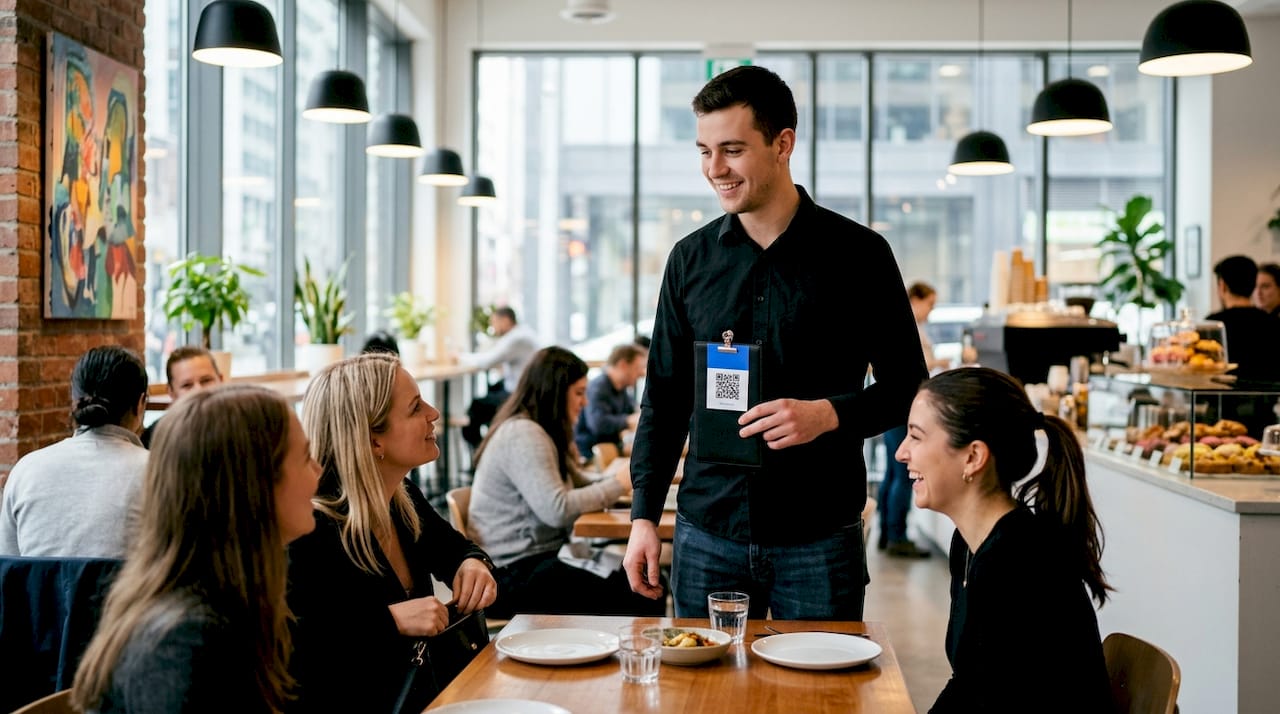 Server presenting check holder with QR code in restaurant