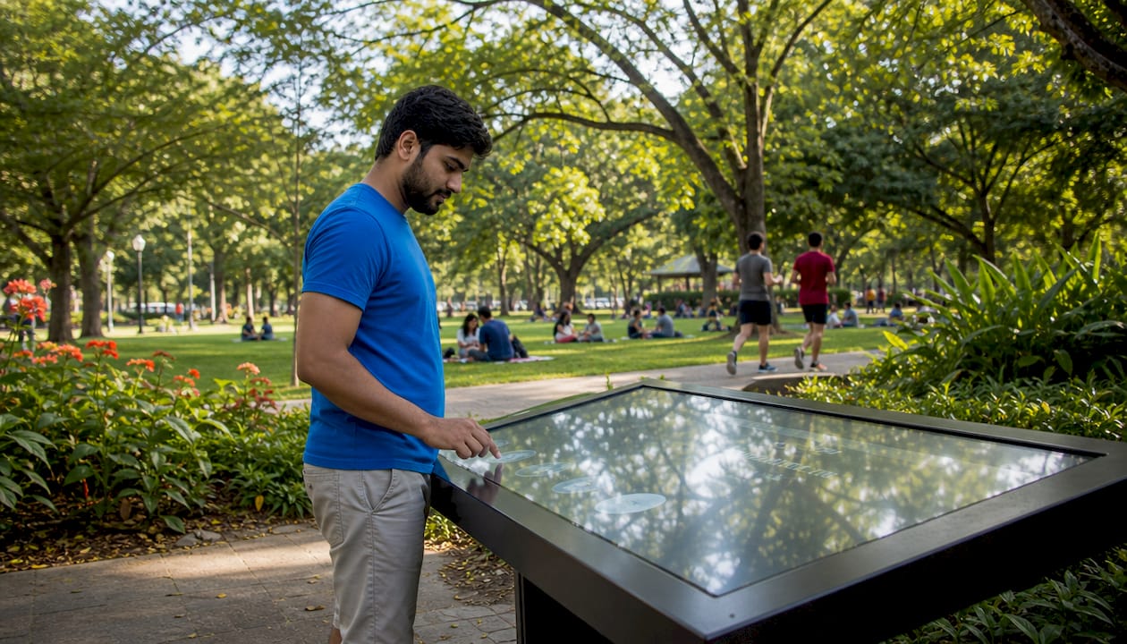 User interacting with digital touchscreen table