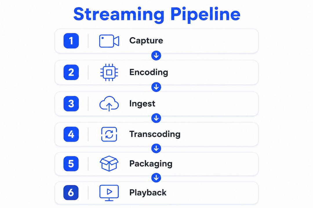 Infographic showing six stages of live streaming pipeline