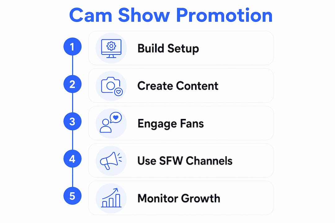 Vertical flow infographic of cam show promotion steps