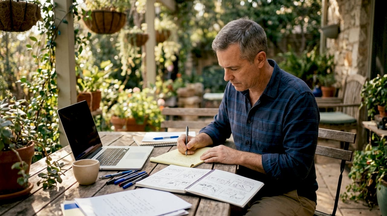 Man writing video marketing script at desk