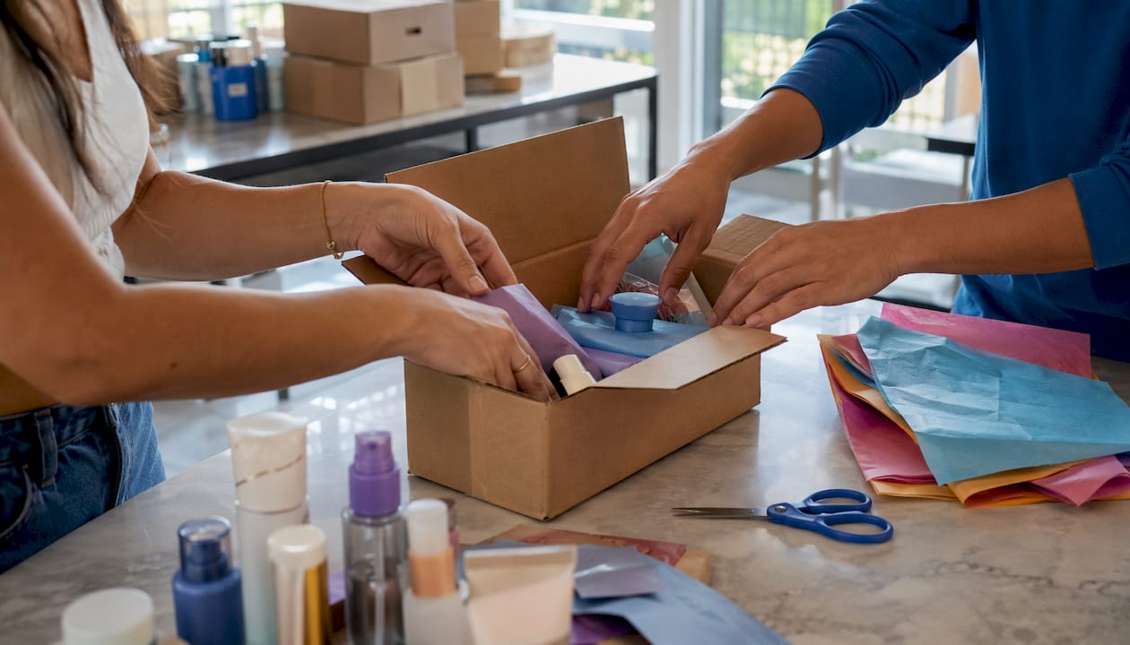 Hands packing subscription box in warehouse setting overhead