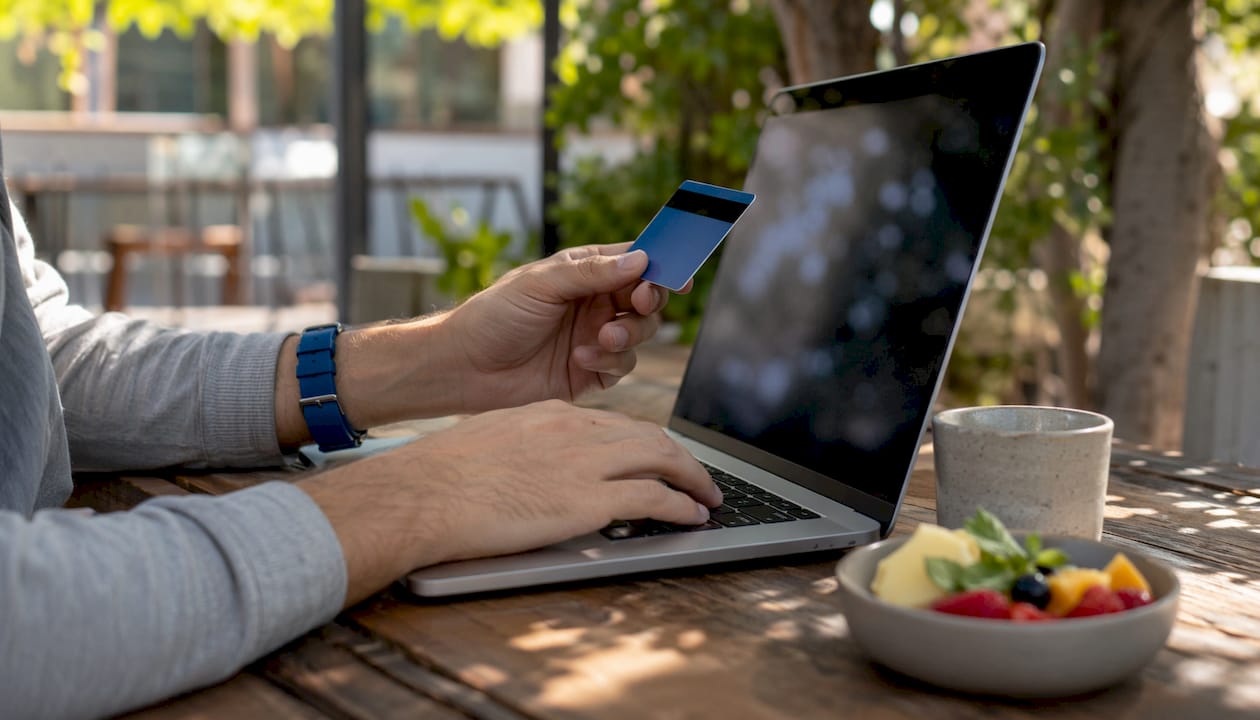 Hands with credit card and laptop keyboard close-up