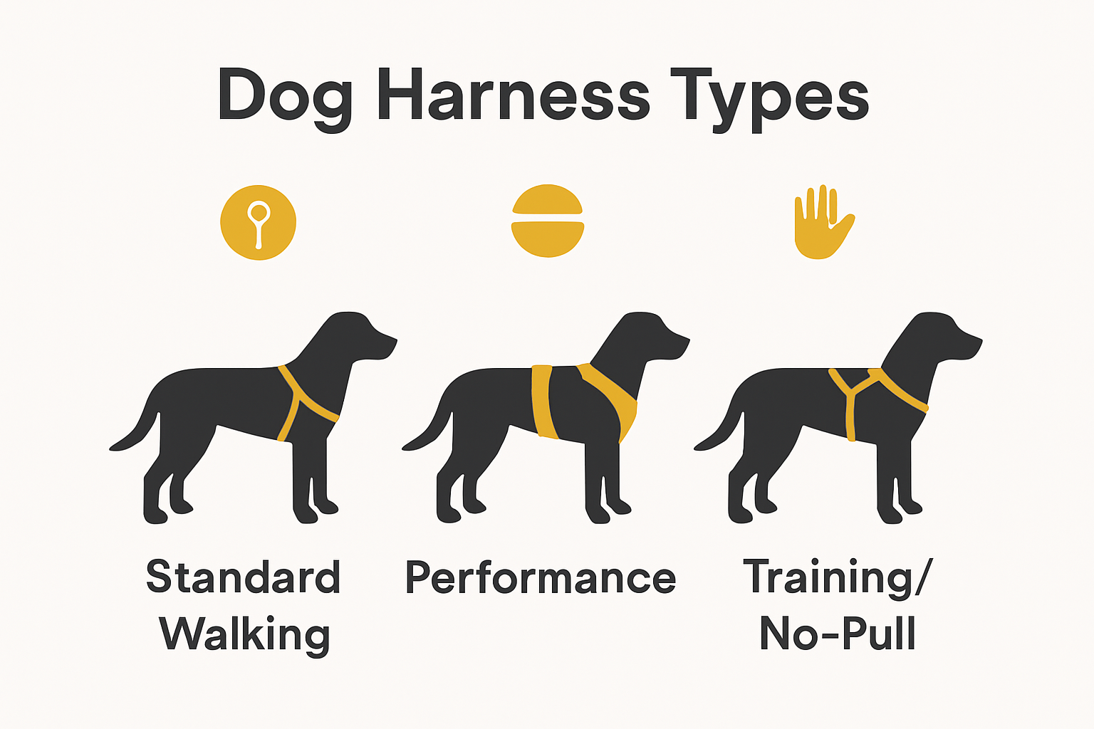 Infographic comparing three main dog harness types: standard walking, performance, and training harnesses.