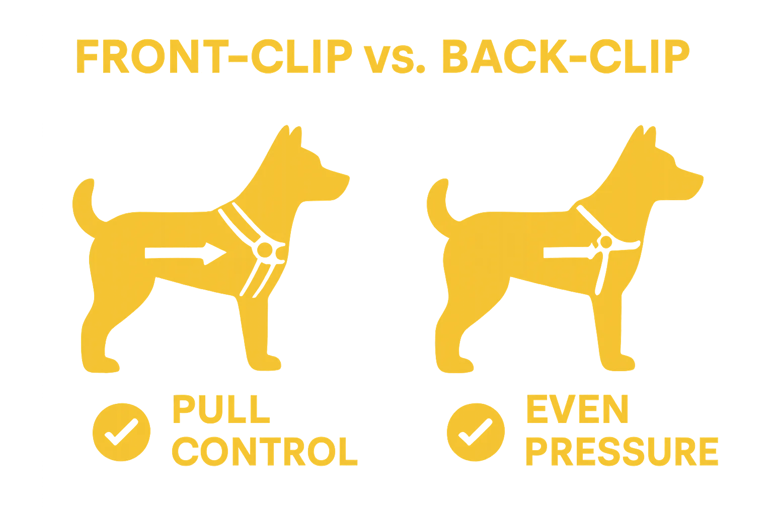 Visual comparison of front-clip and back-clip dog harness positions and benefits