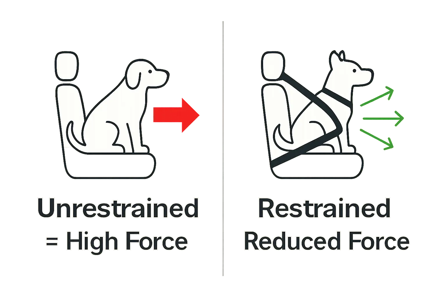 Side by side illustration comparing unrestrained vs restrained dog in a car.