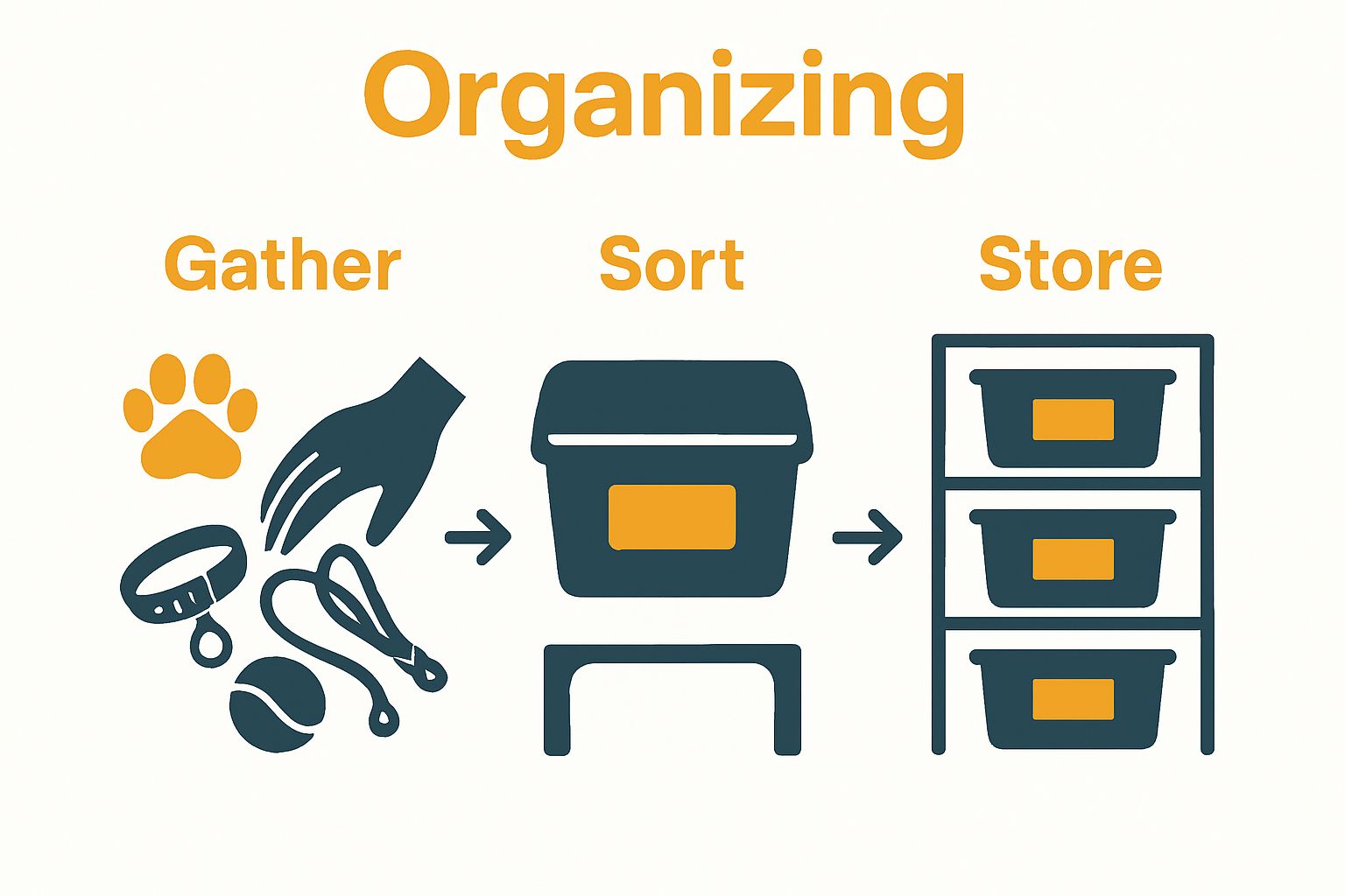 Infographic of three steps to organize and store dog accessories efficiently