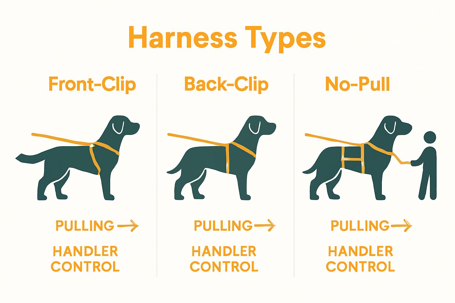 Visual comparison of three dog harness types for pullers