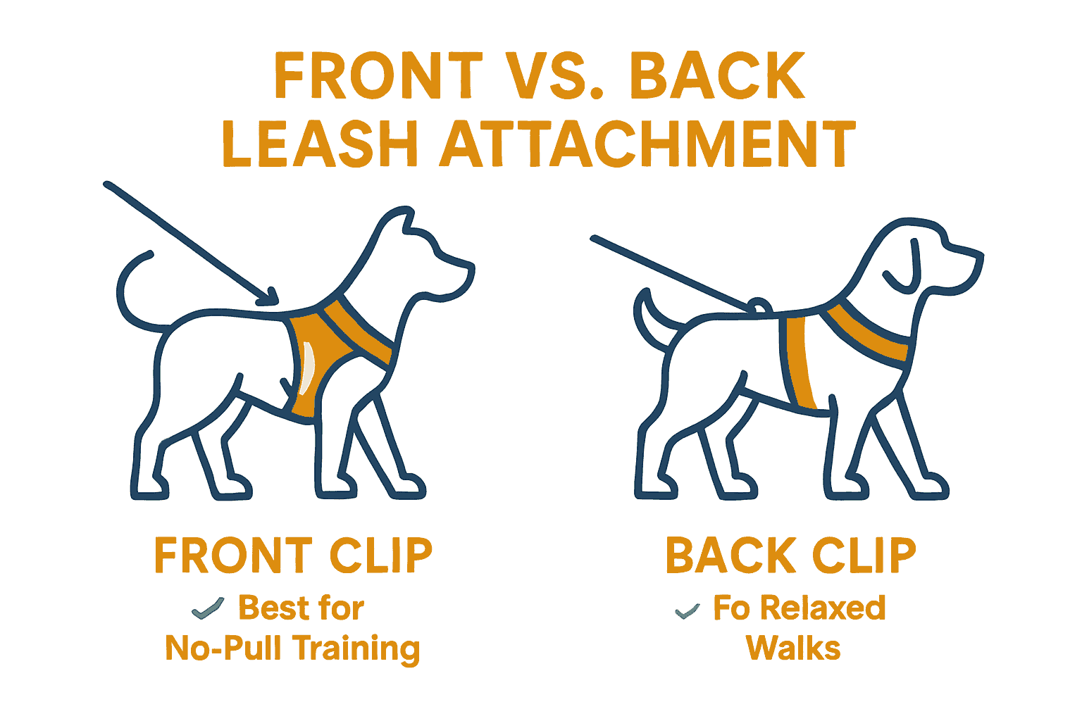Infographic comparing front and back leash attachment points on a dog harness