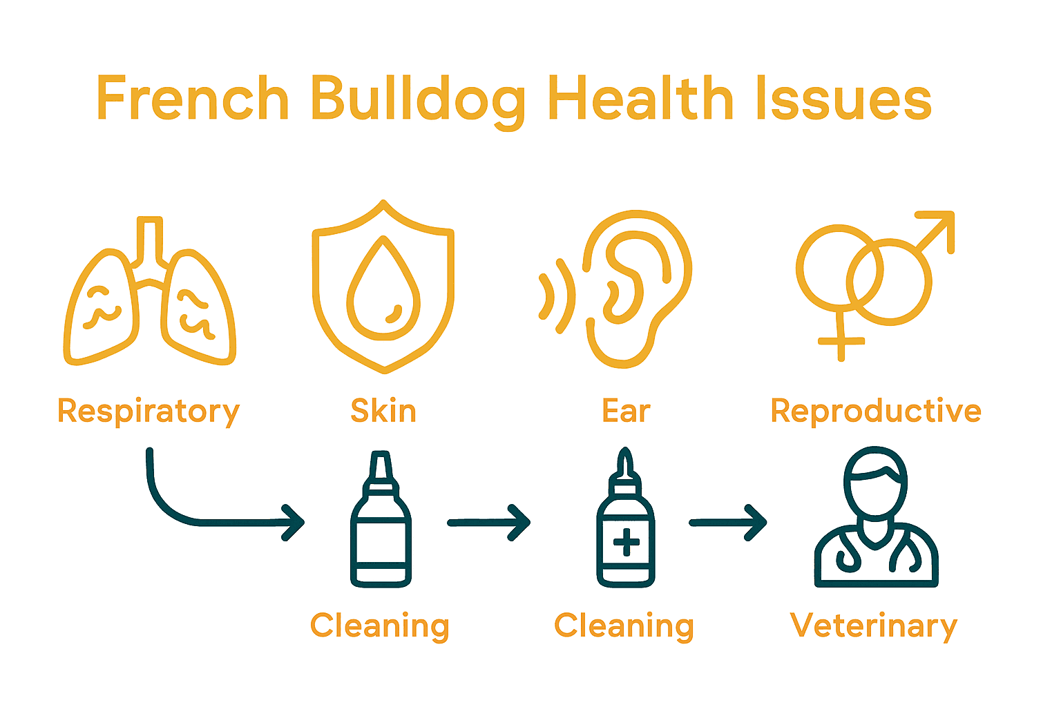 Infographic showing common French Bulldog health issues and recommended care solutions.