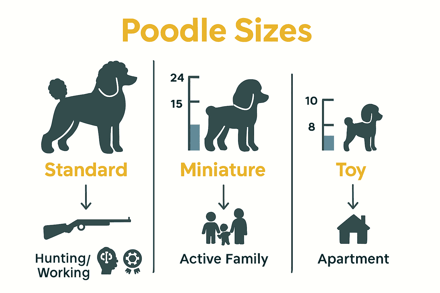 Infographic comparing poodle size variations, environments, and traits.