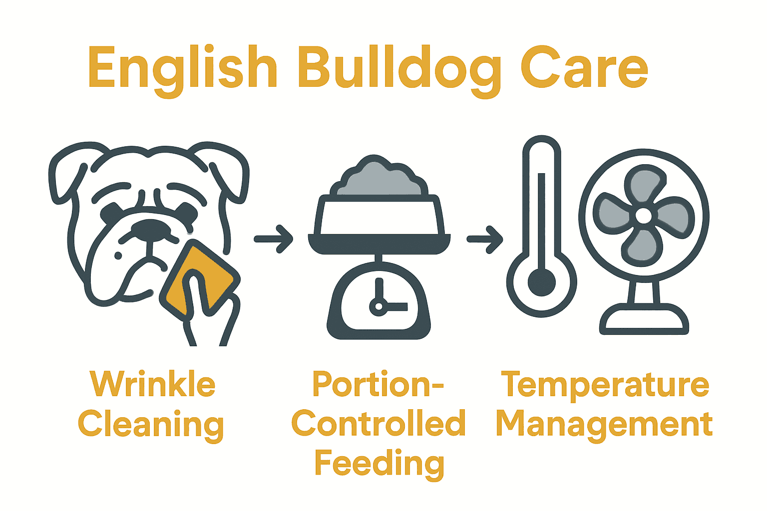 Infographic showing Bulldog wrinkle cleaning, portion control, and temperature needs