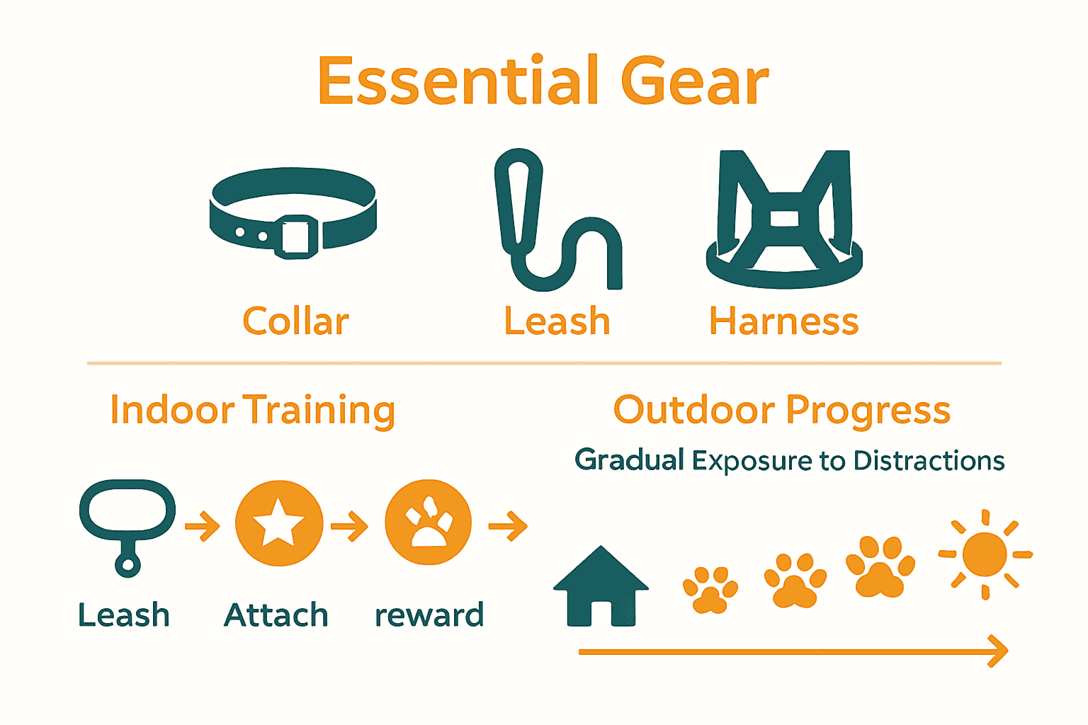 Infographic showing leash training workflow stages and gear.
