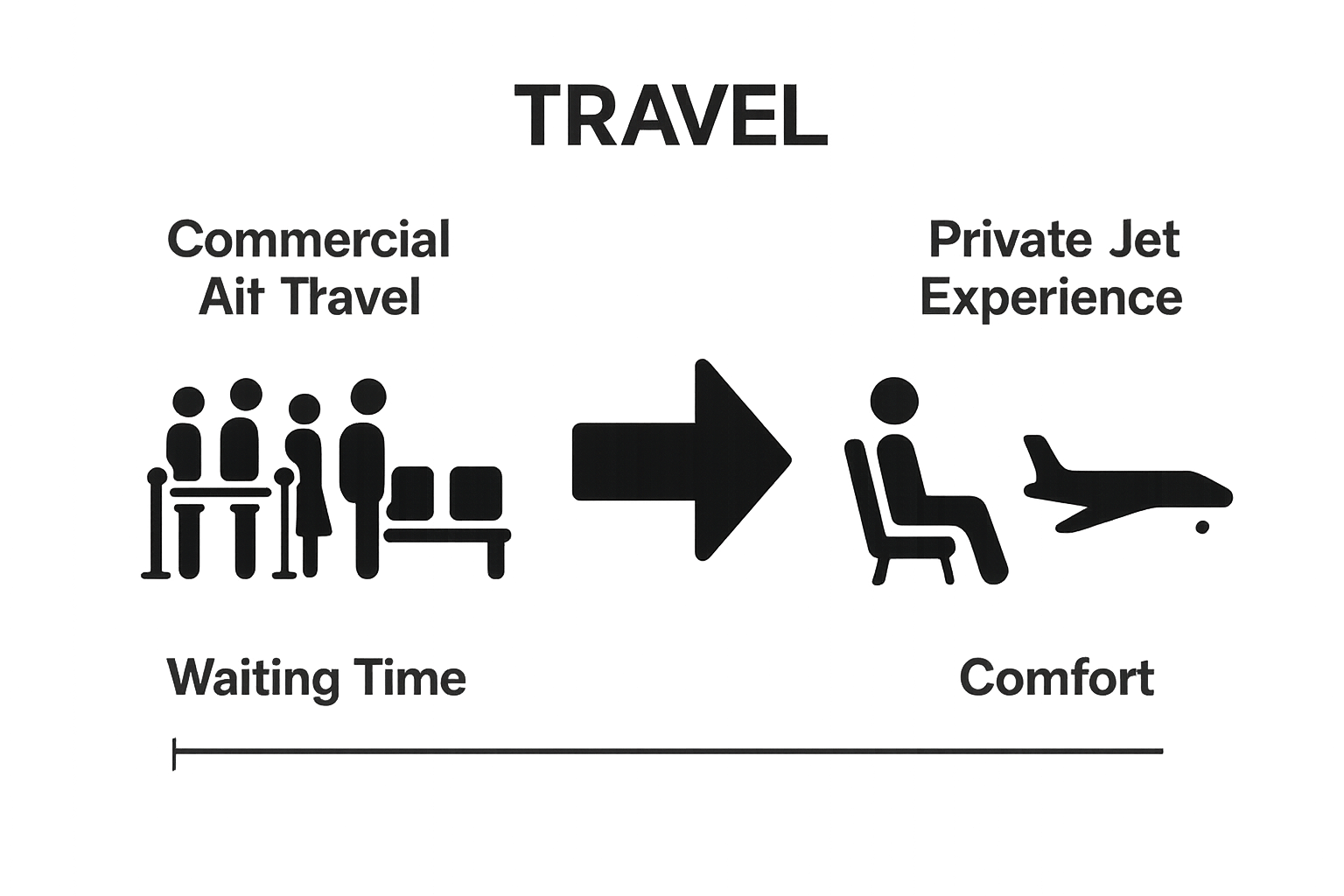Visual comparison of commercial air travel versus private jet experience with icons for line waiting and private lounge.