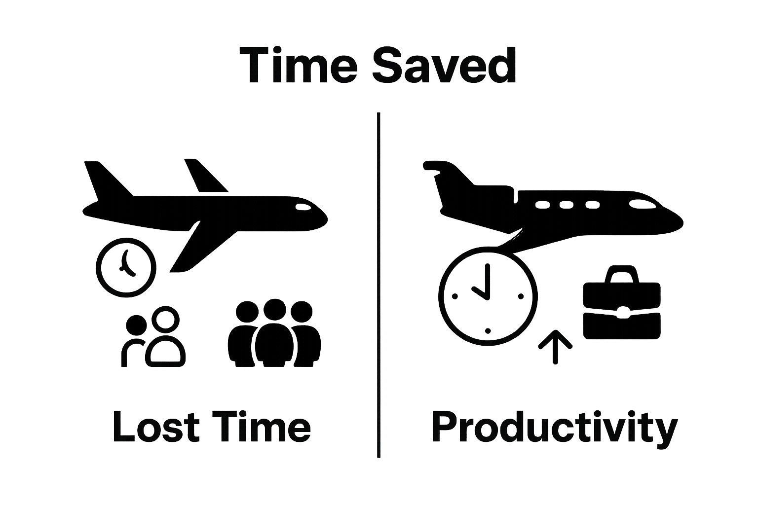 Visual comparison of commercial vs. charter flight time efficiency