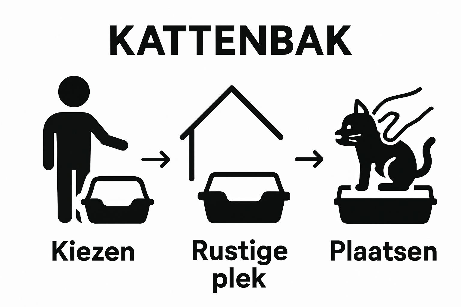 Visual steps showing kitten leren kattenbak gebruiken in drie stappen