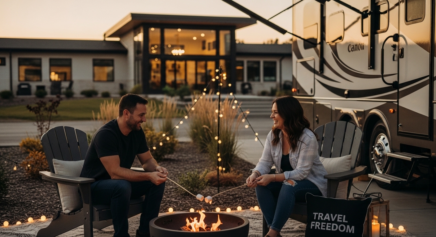 couple rv resort evening