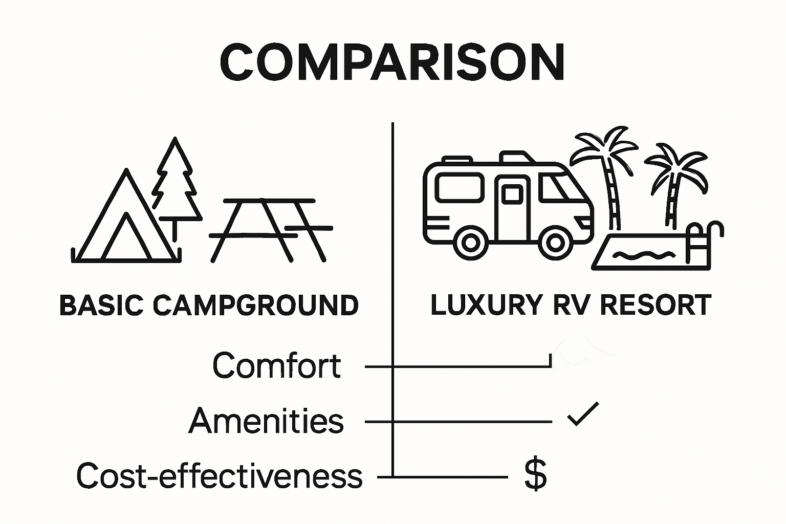 Infographic comparing standard RV campgrounds to luxury RV resort advantages
