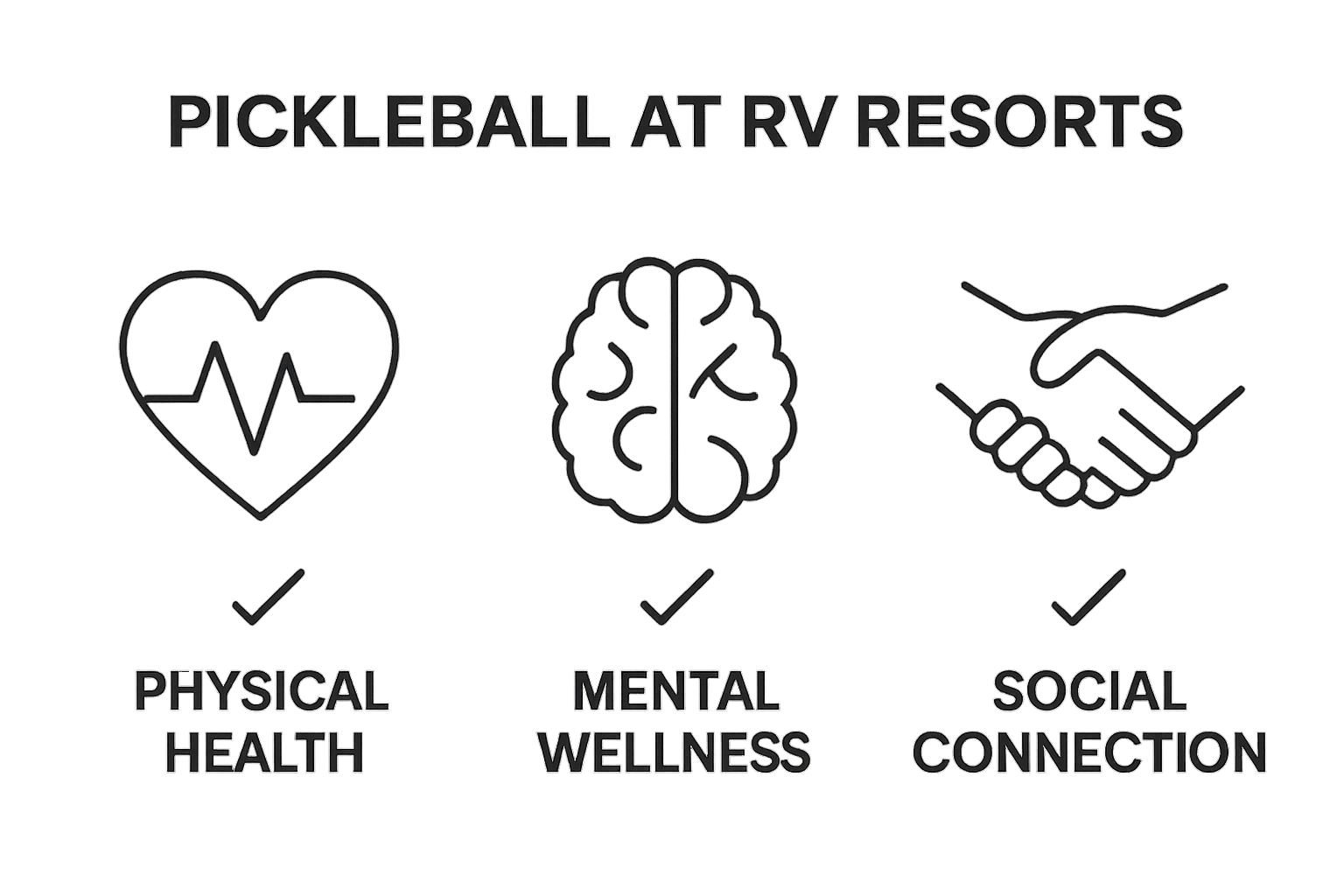 Infographic comparing health, mental, and social benefits of pickleball at RV resorts