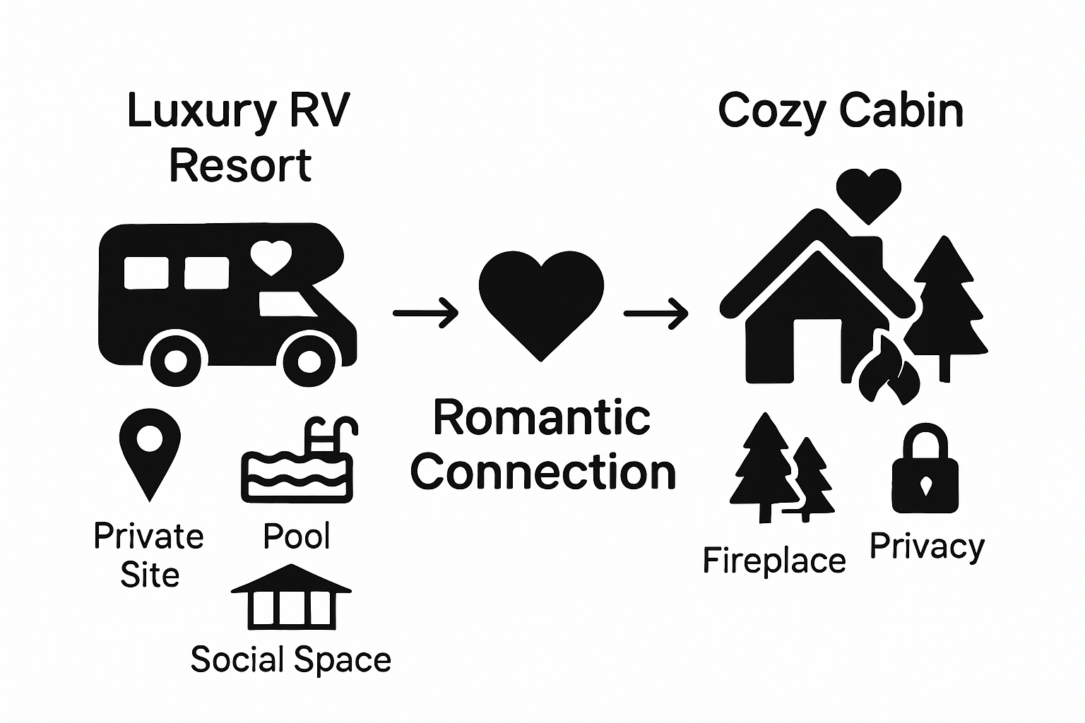 Infographic comparing luxury RV resorts and intimate cabin retreats for romantic stays