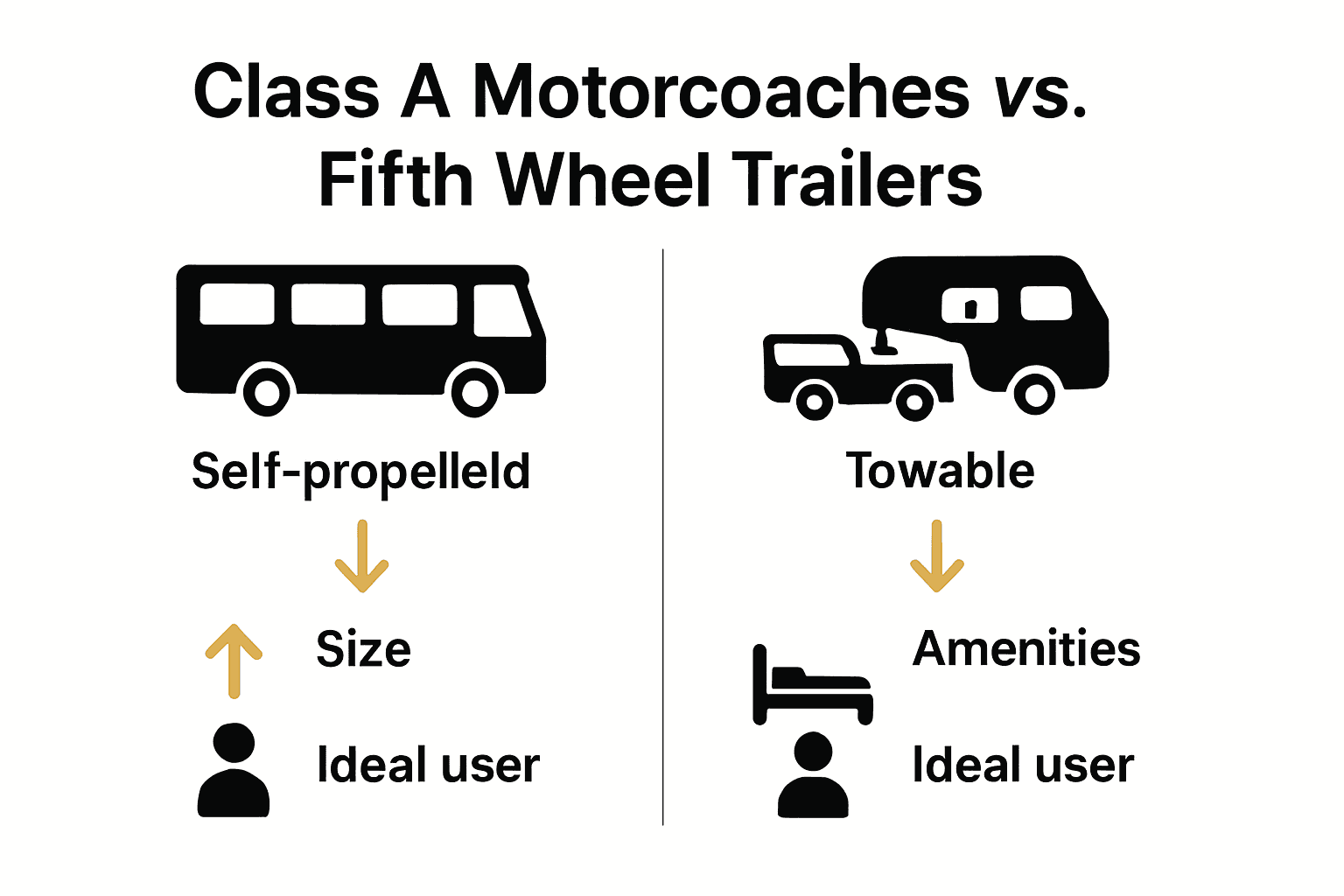 Infographic comparing features of Class A motorcoaches and fifth wheel trailer RVs.