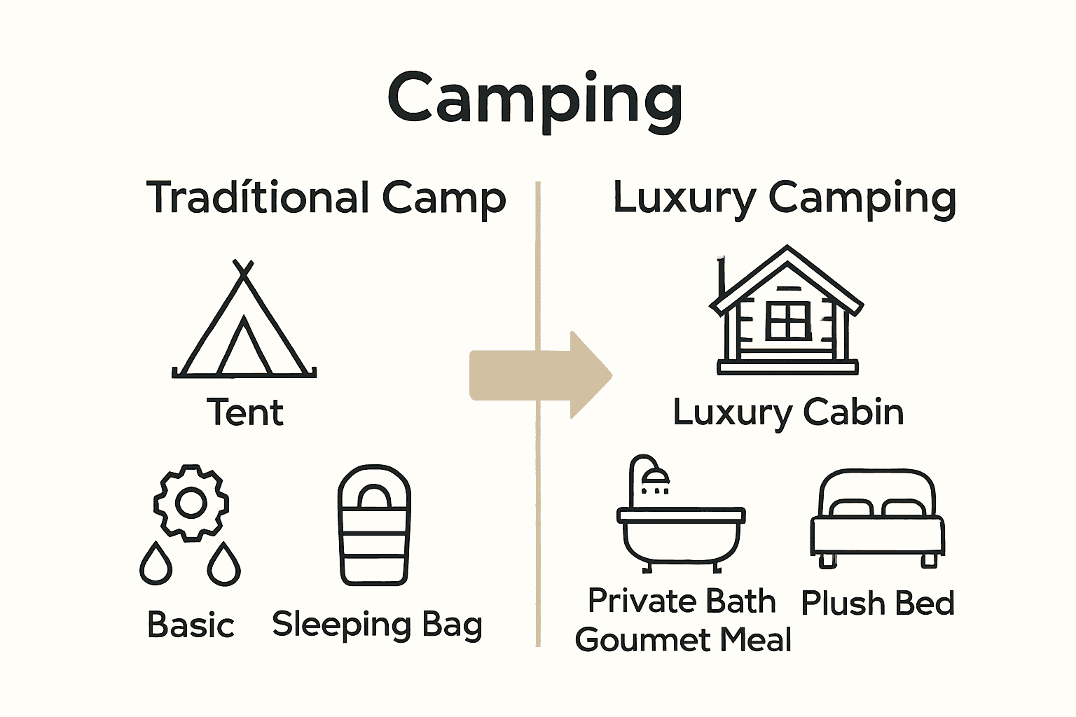 Infographic comparing traditional vs luxury camping features side by side