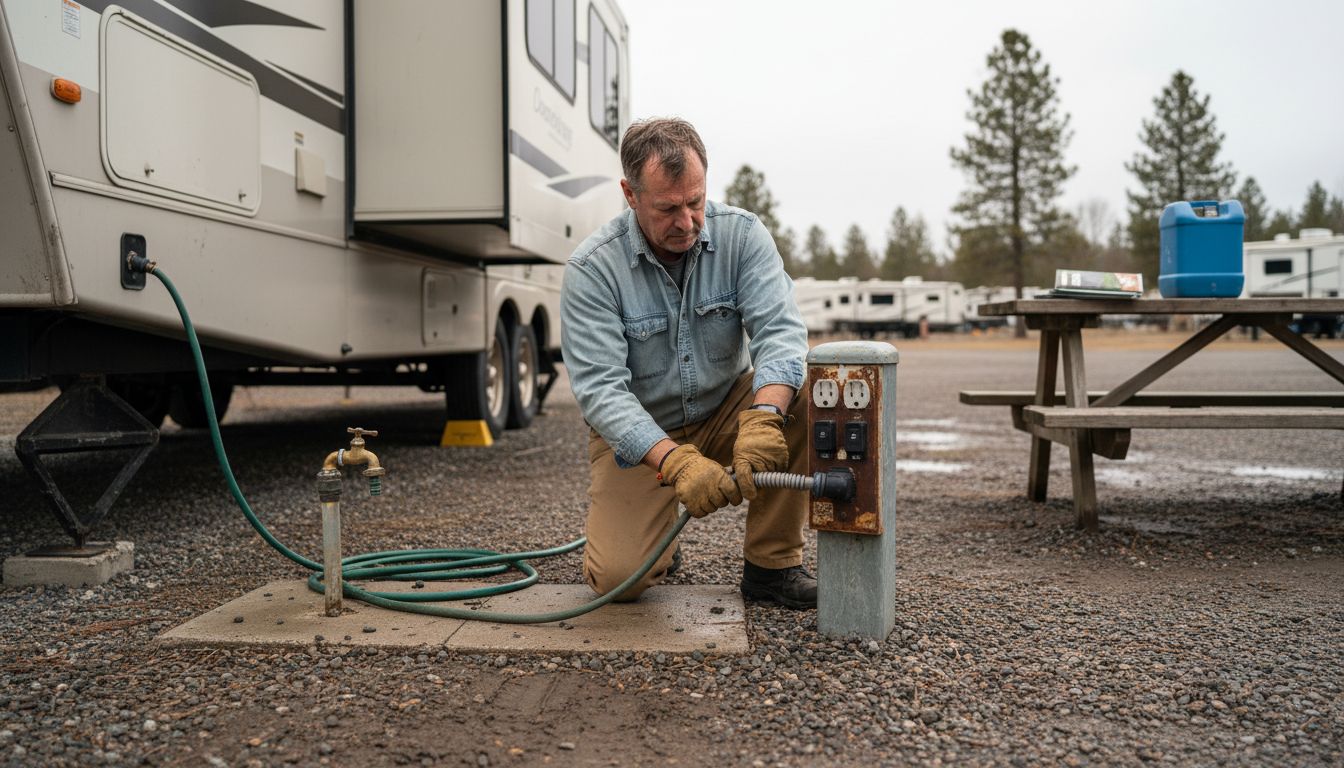 Man connecting utilities at RV park site