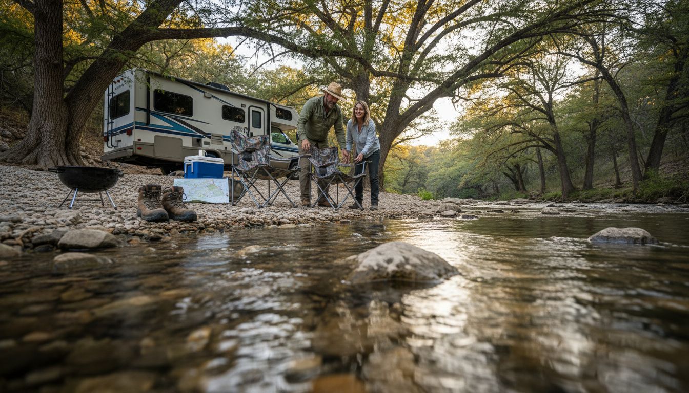 Campers setting up by Frio River in Garner State Park