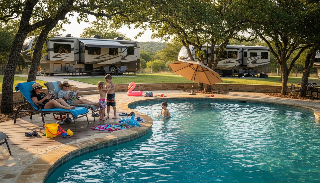 Family enjoying poolside luxury RV amenities