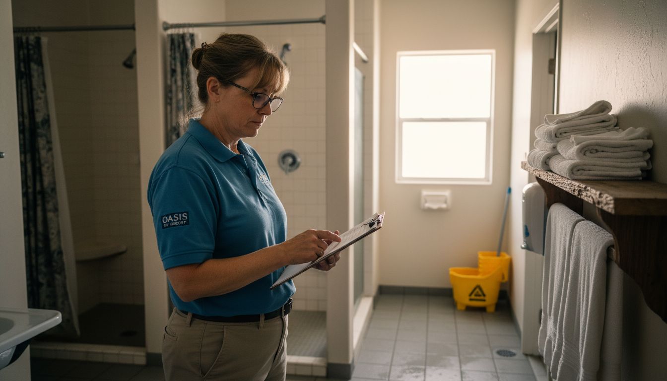 Inspector reviewing RV resort bath house facilities