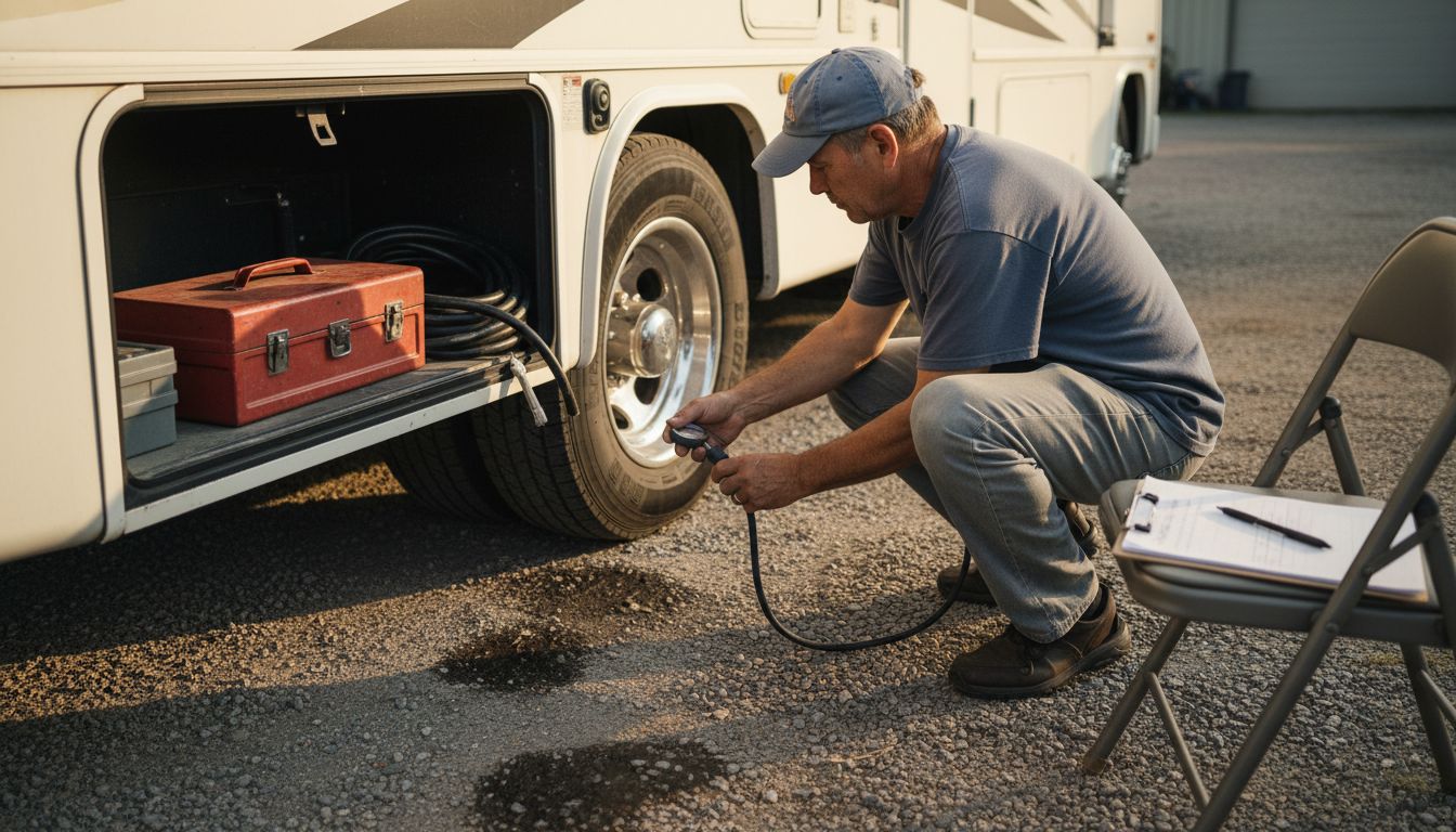 Man checking RV tire with checklist