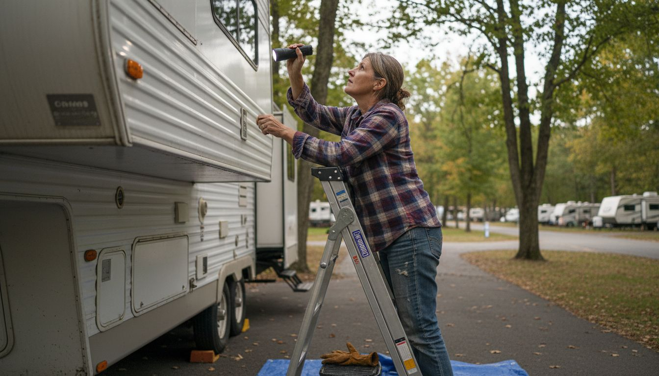 Woman inspects RV roof with flashlight