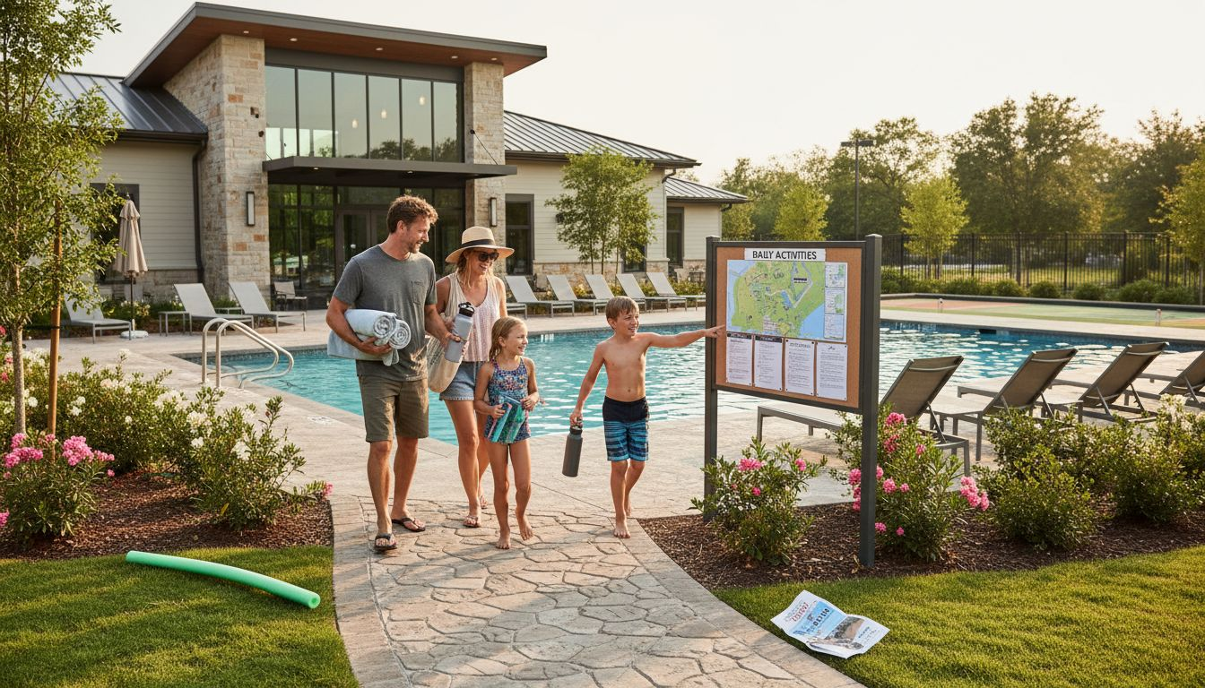 Family heads to pool at luxury RV resort