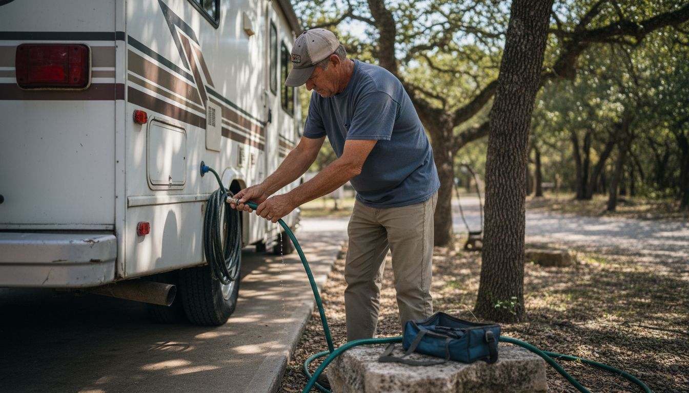 Man connecting RV utilities at campsite