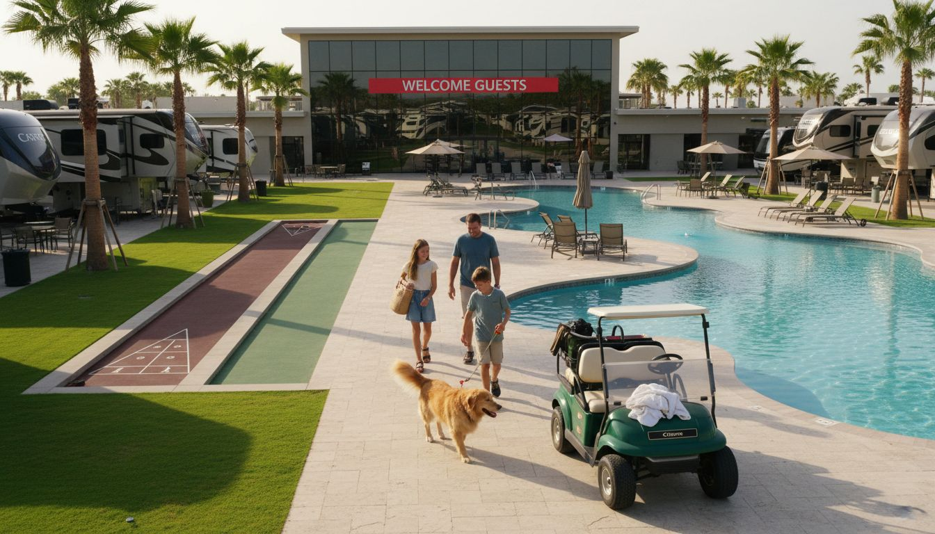 Family strolls past RV resort amenities