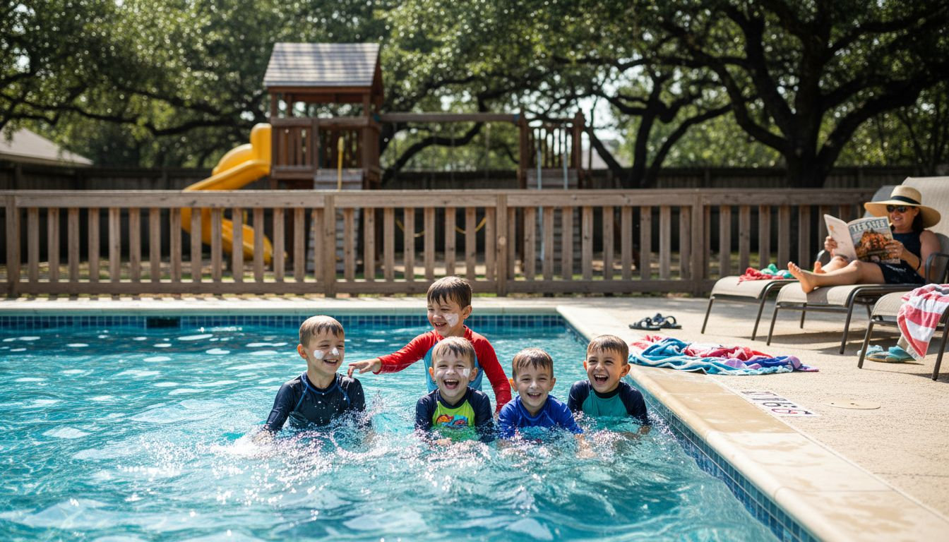 Kids enjoying pool and play area at RV resort