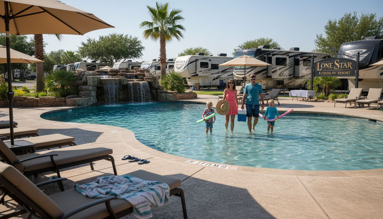 Family at luxury RV resort pool and amenities