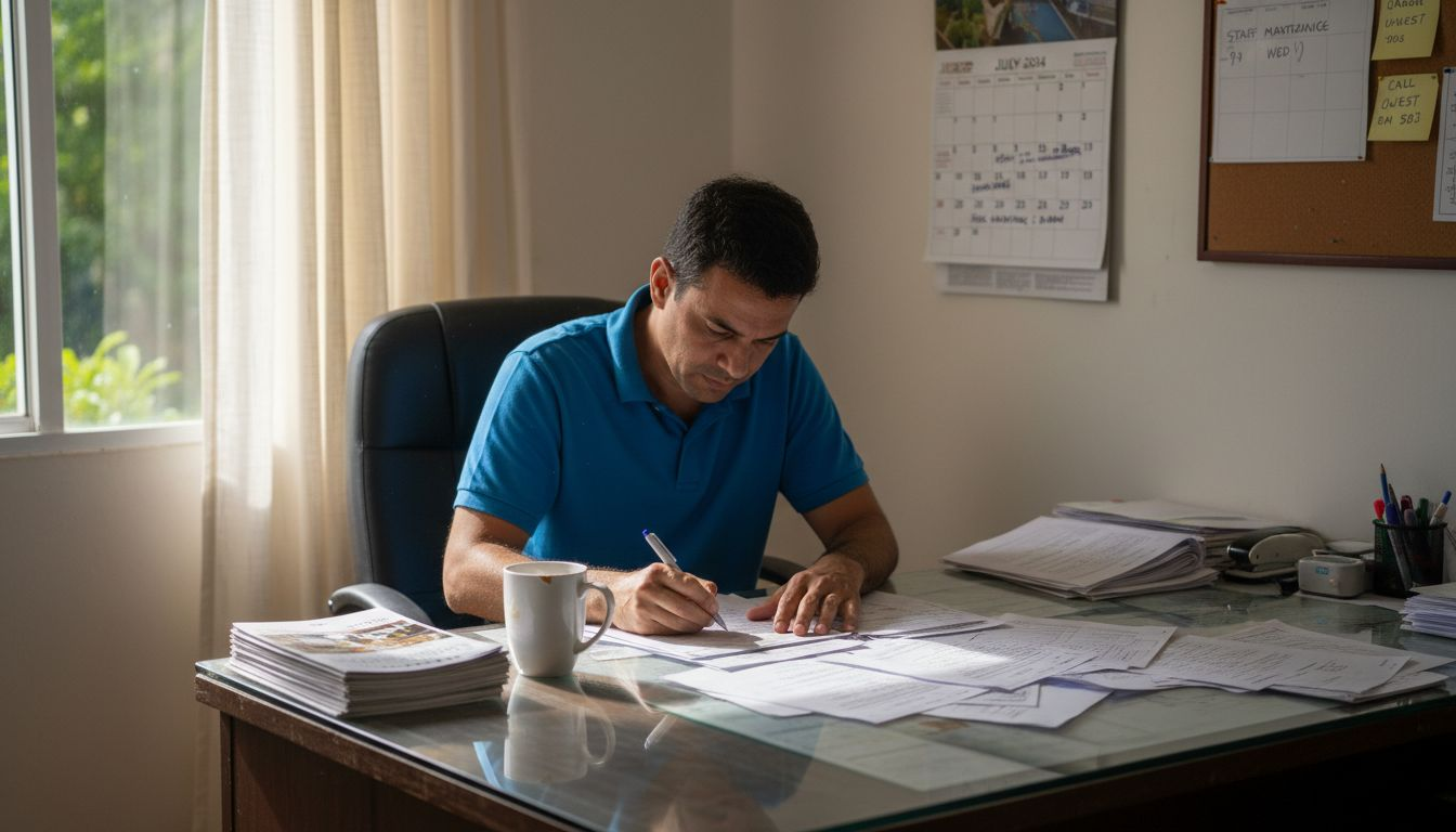 Resort staff reviewing stay policy paperwork