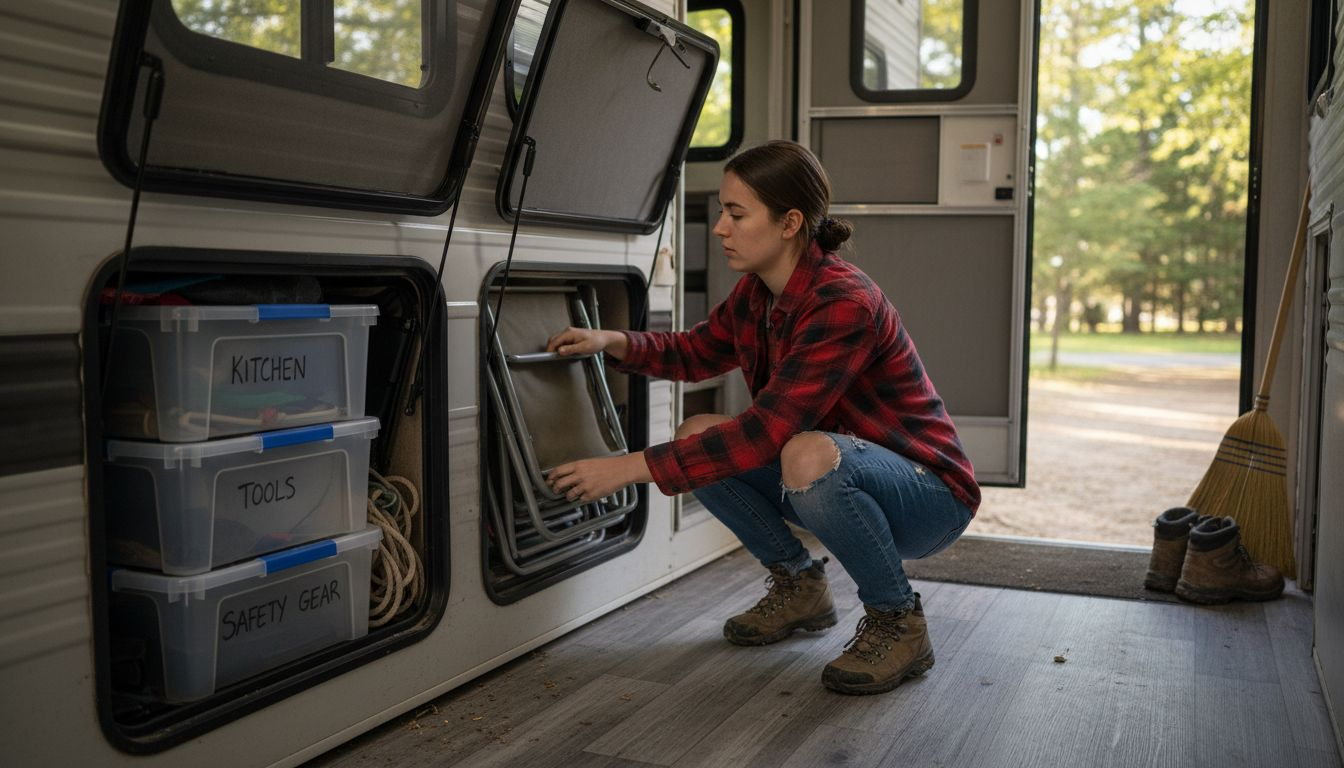 Packing organized RV supplies inside storage