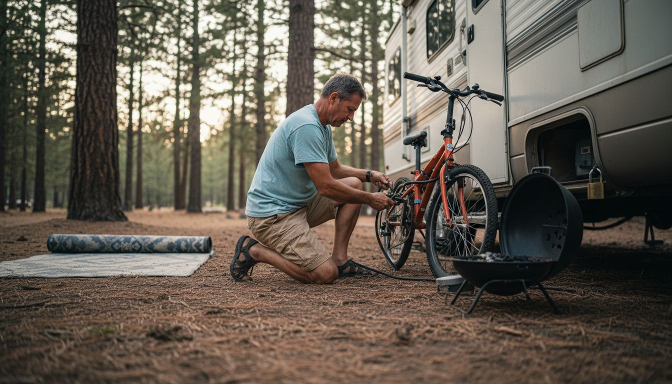 Man securing bikes at RV campsite