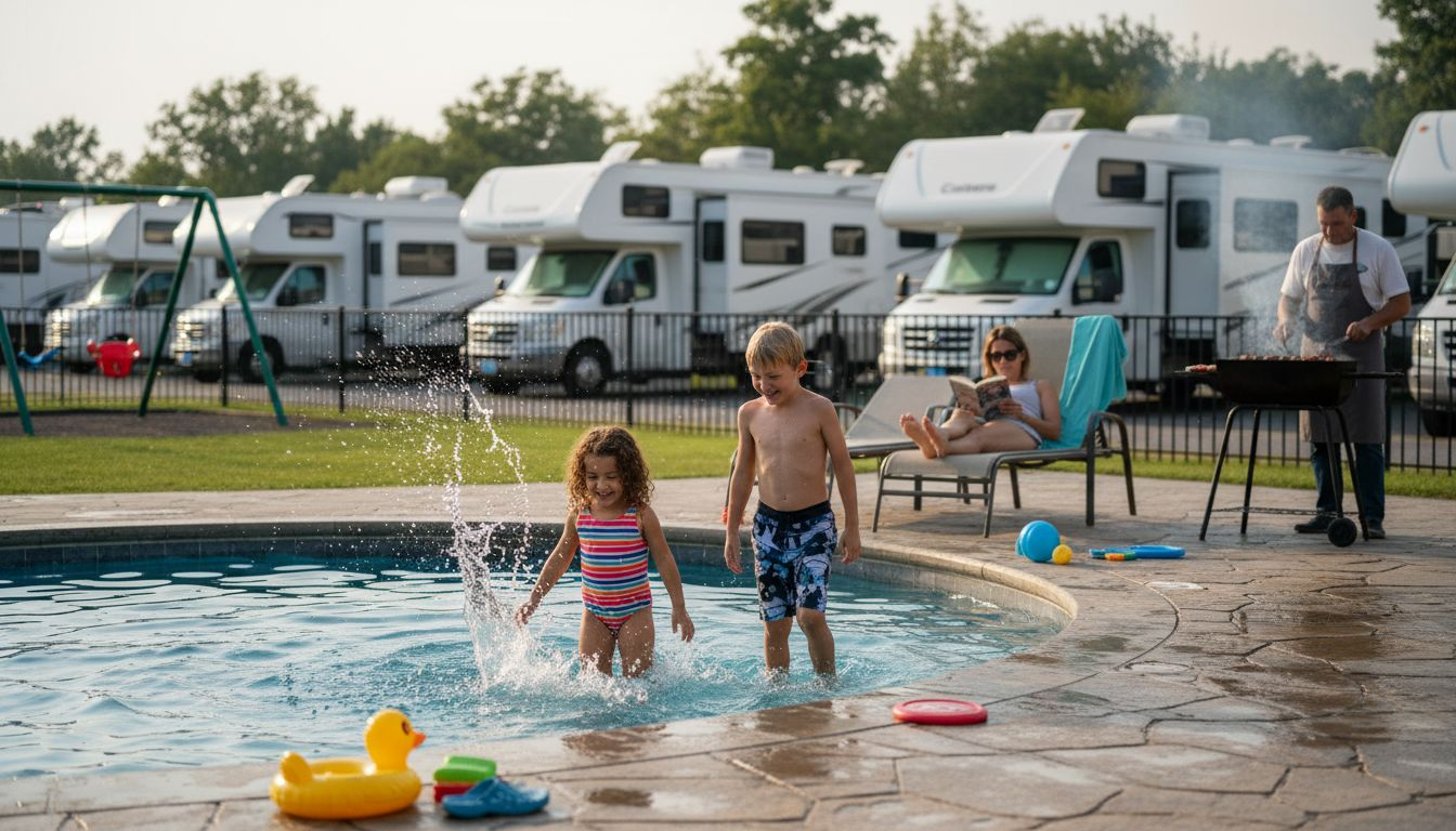 Children playing in resort pool near RVs