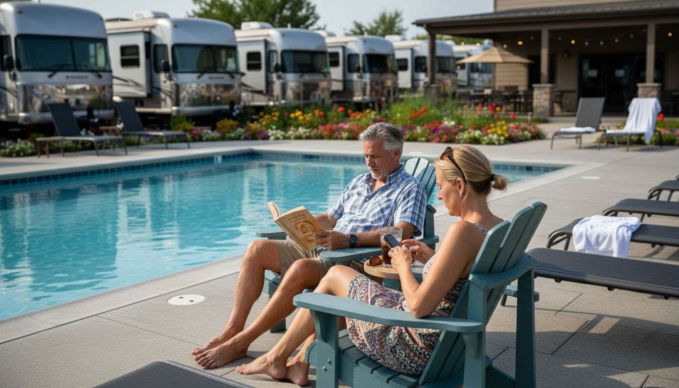 Guests relaxing at upscale RV resort pool