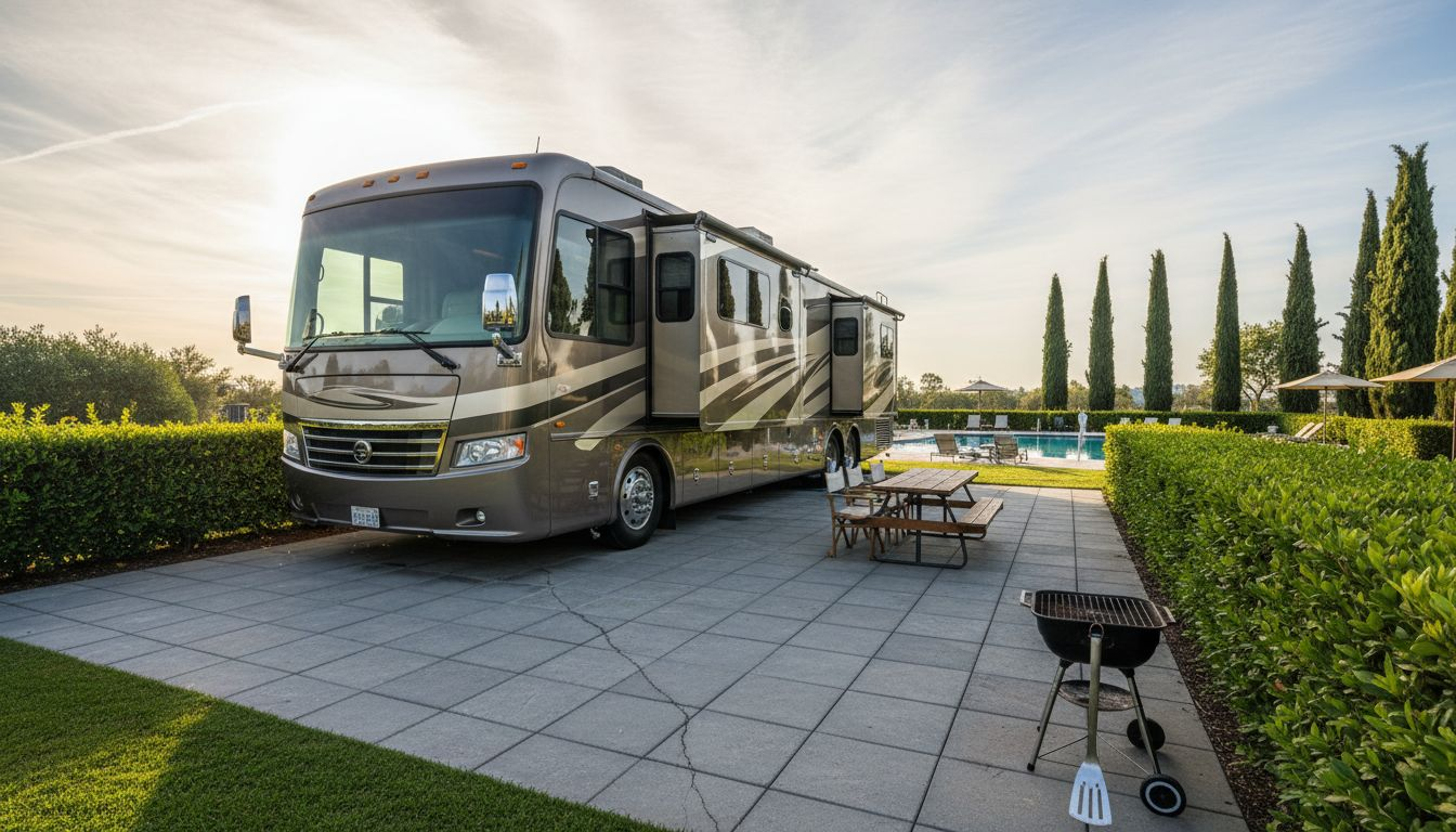 Premium RV site with patio and landscaping