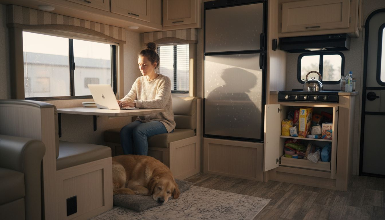 Modern RV interior with amenities and workspace