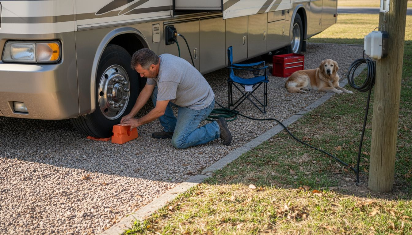 RV owner leveling motorhome site
