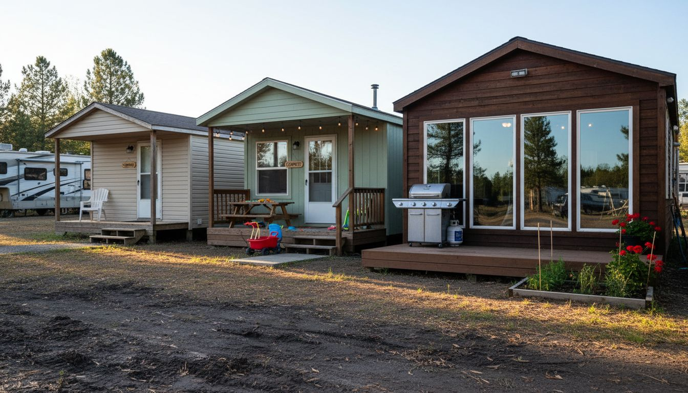Various cabin styles and outdoor amenities at RV park