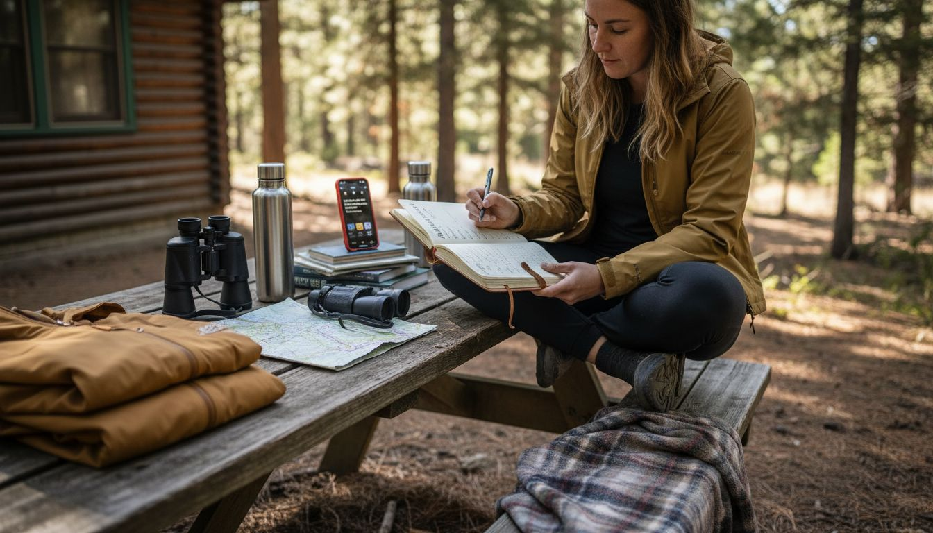 Guest preparing packing list at cabin table